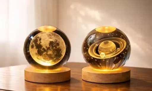 Celestial Duo 3D Moon Saturn Crystal Ball Lamp Set of 2 USB LED Wooden Base Night Light Galaxy Space Decor Gift for Bedroom Home Office India image 1