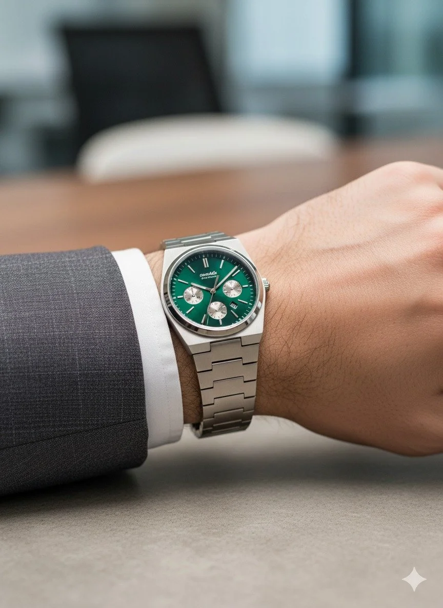 Premium Stainless Steel Chronograph Analog Wrist Watch with Green Dial Date Display Metal Strap Luxury Business Casual Waterproof Men’s Watch India image 1