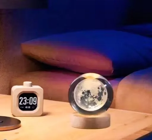 3D Moon Crystal Ball LED Night Lamp with Wooden Base USB Powered Warm White Light K9 Glass Bedroom Decor Romantic Gift for Couples Kids Home Decoration Table Lamp India image 1