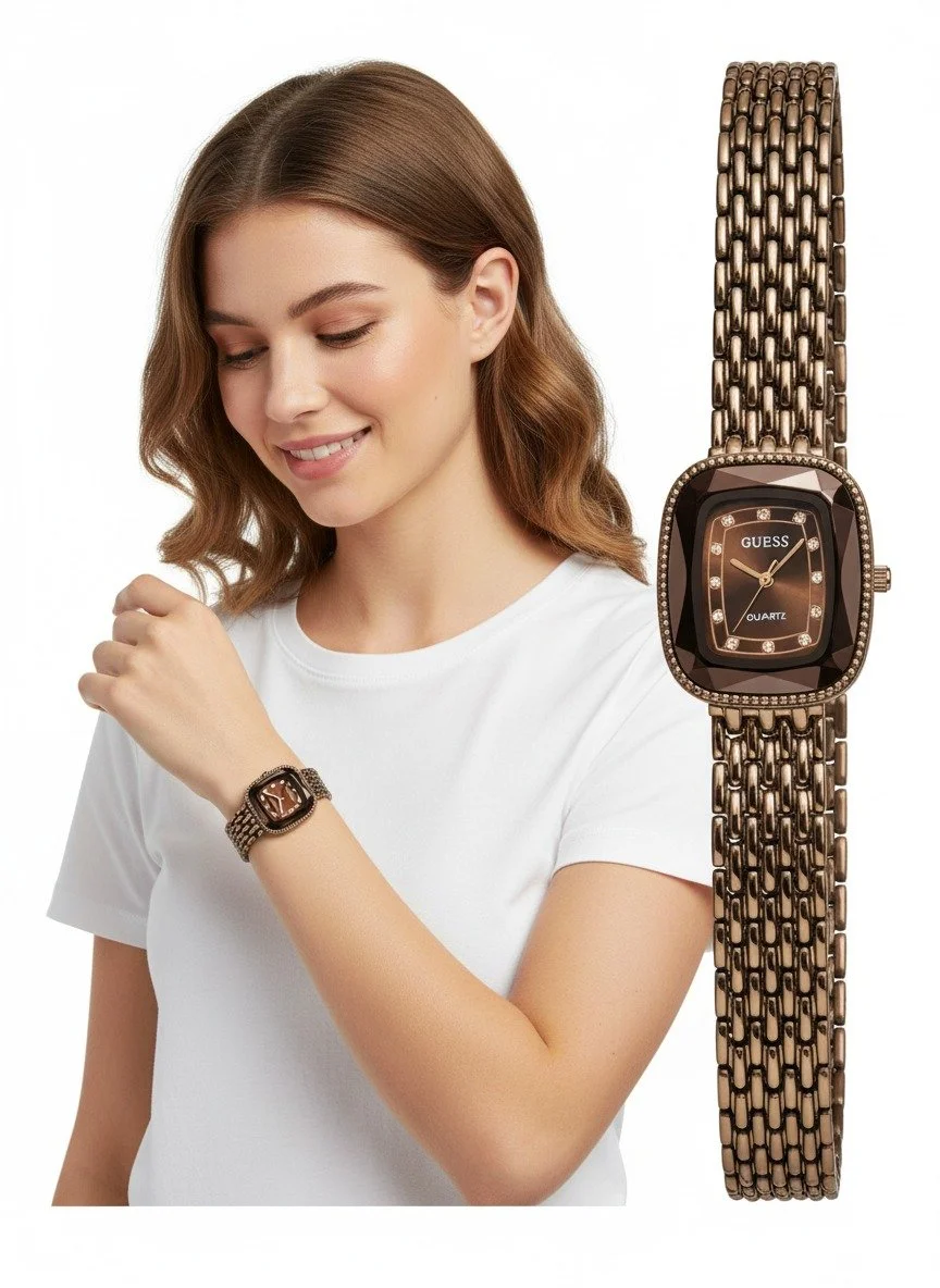 Guess Women Quartz Analog Watch Brown Dial Rose Gold Stainless Steel Chain Strap Designer Fashion Wrist Watch for Women Ladies Stylish Bracelet Watch India image 1