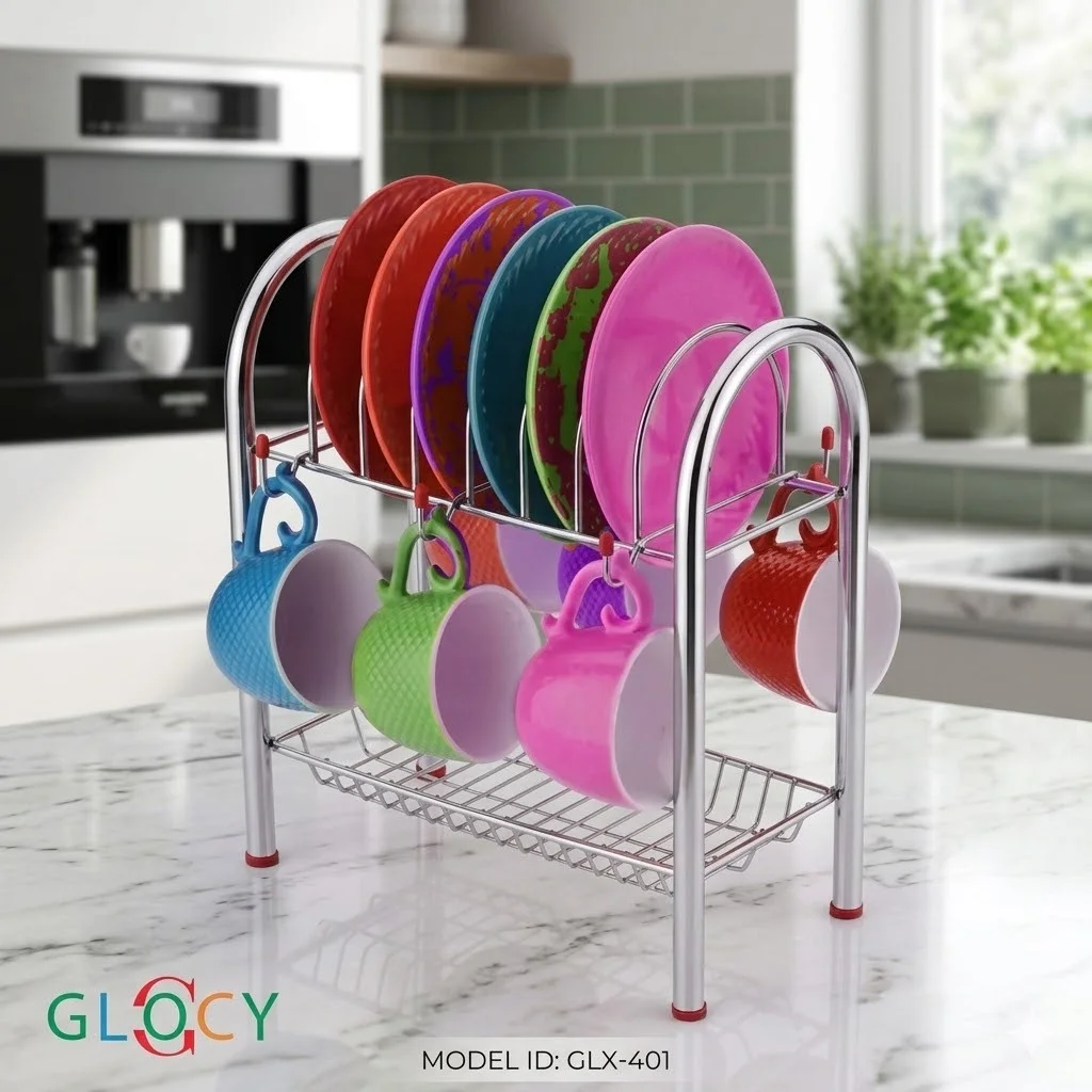 Stainless Steel Kitchen Dish Rack Stand with Cup Holder 2 Tier Plate Organizer Rust Proof Dish Drying Rack for Kitchen Counter Utensil Storage Holder India Space Saving Rack image 1