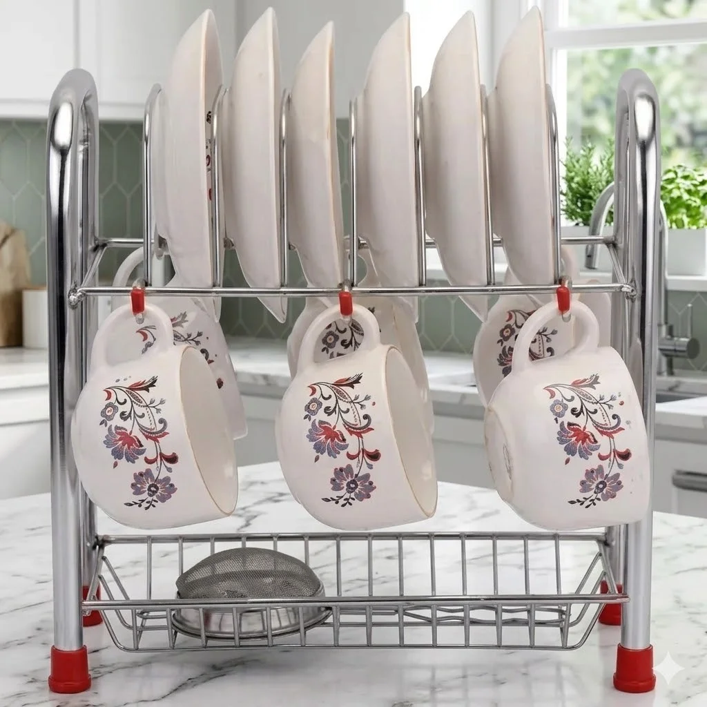 2-Tier Stainless Steel Dish Drying Rack Plate Holder Cup Stand Spoon Tray for Kitchen Countertop image 1