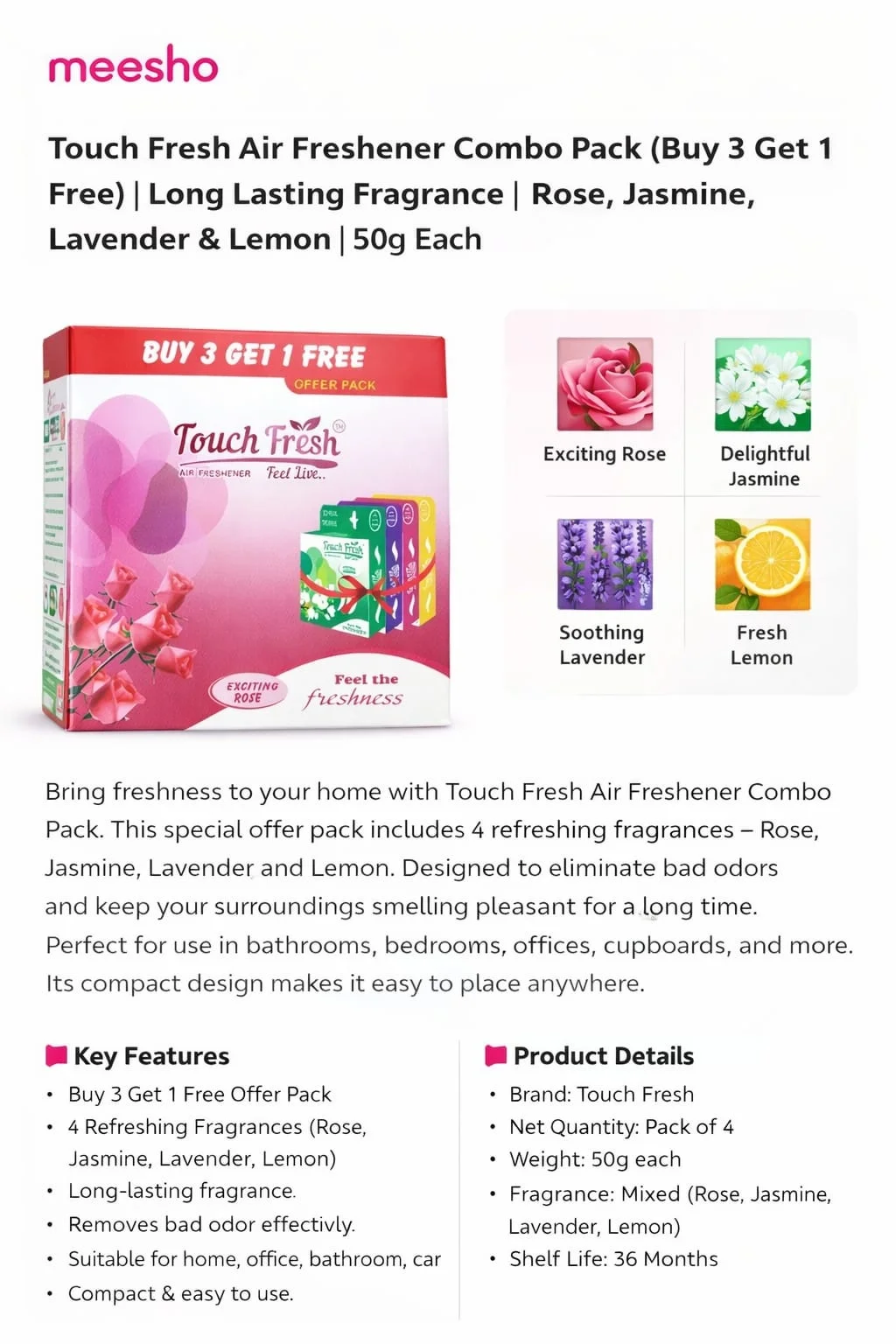 Touch Fresh Rose Air Freshener Block Combo Pack Buy 3 Get 1 Free Long Lasting Room Bathroom Car Fragrance Gel image 2