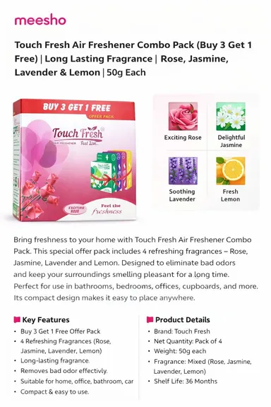 Touch Fresh Rose Air Freshener Block Combo Pack Buy 3 Get 1 Free Long Lasting Room Bathroom Car Fragrance Gel  thumbnail 1