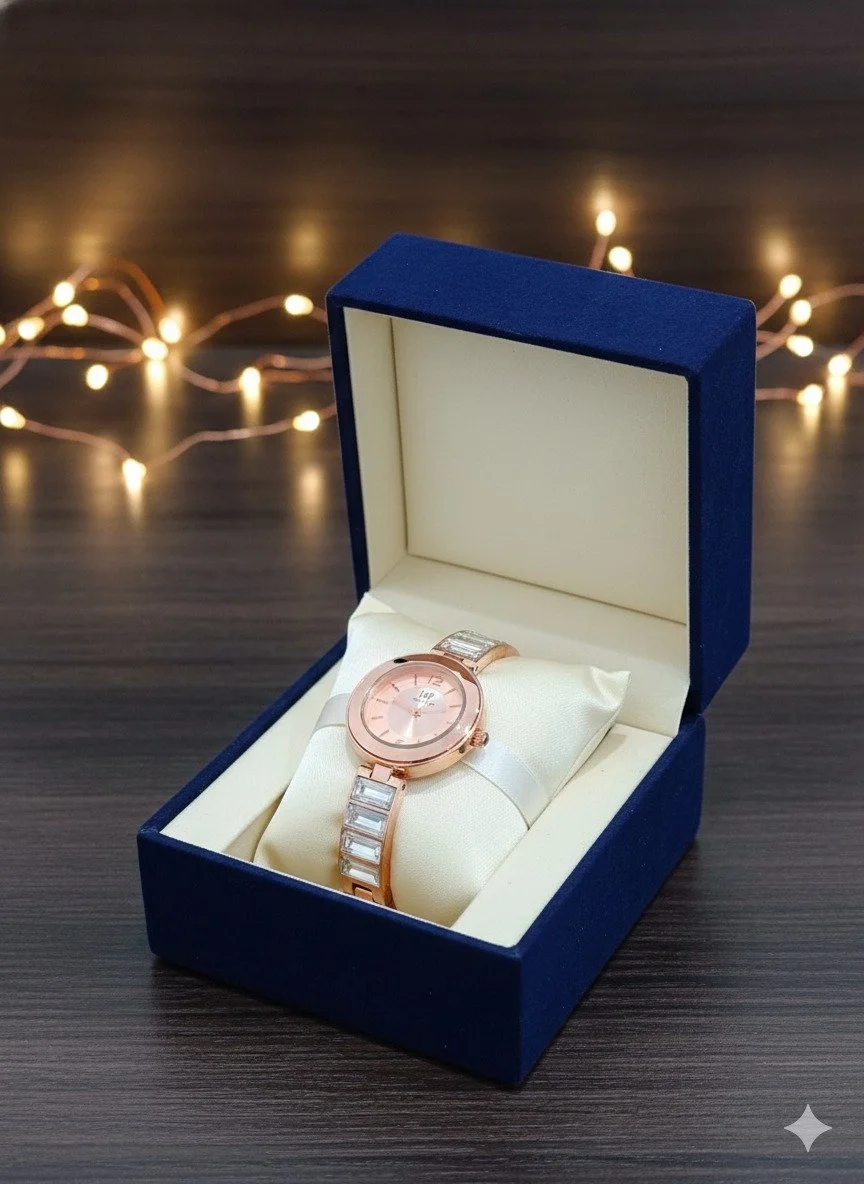 FIIZ Women Rose Gold Analog Quartz Wrist Watch with Crystal Studded Bracelet Strap Round Dial Elegant Ladies Fashion Party Wear Watch India image 3