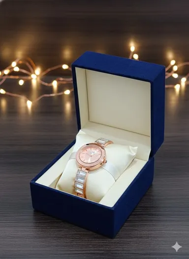 FIIZ Women Rose Gold Analog Quartz Wrist Watch with Crystal Studded Bracelet Strap Round Dial Elegant Ladies Fashion Party Wear Watch India thumbnail 2