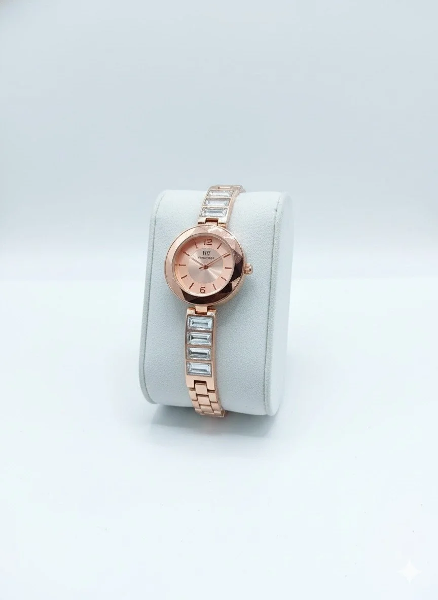 FIIZ Women Rose Gold Analog Quartz Wrist Watch with Crystal Studded Bracelet Strap Round Dial Elegant Ladies Fashion Party Wear Watch India image 4