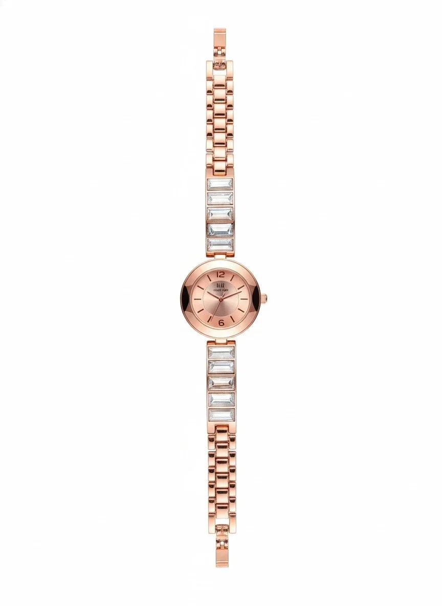 FIIZ Women Rose Gold Analog Quartz Wrist Watch with Crystal Studded Bracelet Strap Round Dial Elegant Ladies Fashion Party Wear Watch India image 1