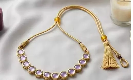 Trendy Gold Plated Amethystine Kundan Choker Necklace with Silk Tassel Adjustable Dori Ethnic Bridal Jewellery Set for Women Wedding Festive Party Wear India image 1