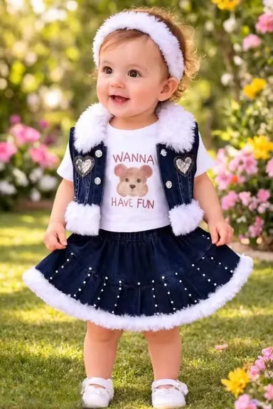 LITTLE MUFFS Baby Girl Top Denim Skirt and Denim Jacket Set Stylish 3 Piece Kids Outfit Soft Cotton Top with Denim Jacket Girls Party Wear Casual Wear Fashion Set for Baby Girls LITTLE MUFFS Baby Girl Top Denim Skirt and Denim Jacket Set Stylish 3 Piece K thumbnail 3