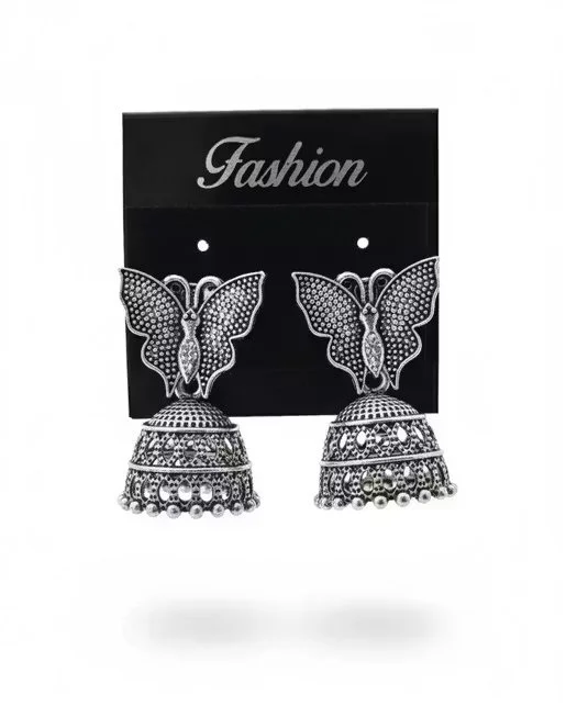 Ethnic Oxidised Silver Butterfly Jhumka Earrings for Women with Pearl Drops Traditional Indian Danglers Lightweight Festive Wedding Jewellery Boho Tribal Designer Jhumkis image 1