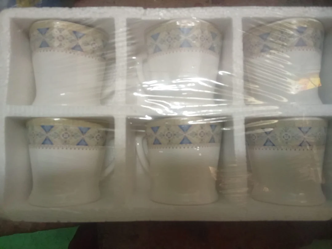 Premium Ceramic Tea Coffee Mug Set of 6 with Handles Blue Geometric Design White Porcelain Cups 200ml Durable Kitchen Drinkware Set for Home Office Gift India image 1