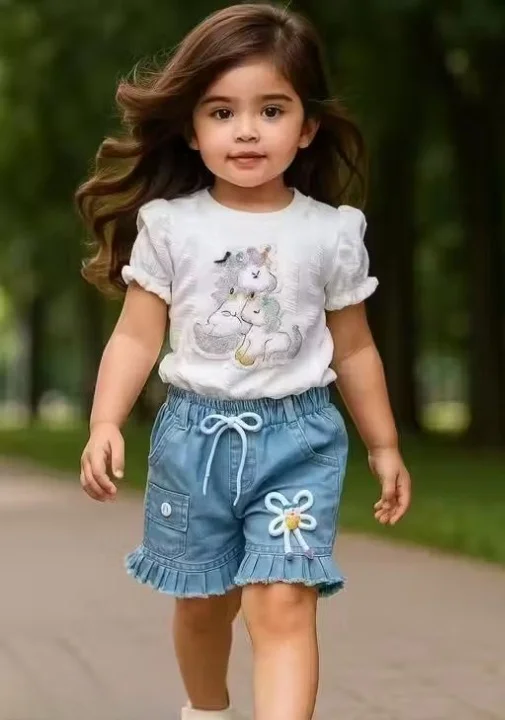 Trendy Unicorn Print Girls T-Shirt and Denim Shorts Set Summer Casual 2 Piece Kids Outfit Cotton Graphic Tee with Blue Denim Shorts Cute Girls Co-Ord Clothing Set Age 2-10 Years Trendy Unicorn Print Girls T-Shirt and Denim Shorts Set Summer Casual 2 Piece image 2
