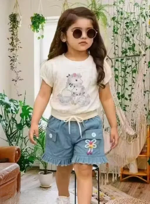 Trendy Unicorn Print Girls T-Shirt and Denim Shorts Set Summer Casual 2 Piece Kids Outfit Cotton Graphic Tee with Blue Denim Shorts Cute Girls Co-Ord Clothing Set Age 2-10 Years Trendy Unicorn Print Girls T-Shirt and Denim Shorts Set Summer Casual 2 Piece image 1