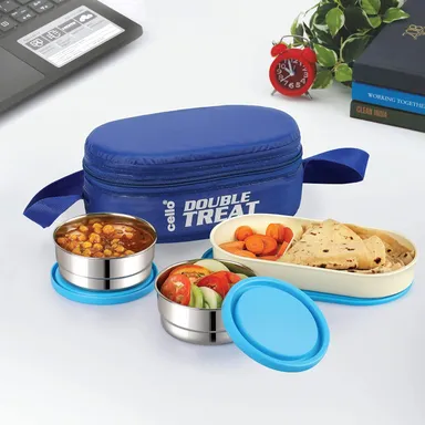 Cello Double Treat Lunch Box | Insulated Jacket | 3 Containers | 2 Stainless Steel 300 ml |1 Plastic | Blue thumbnail 0