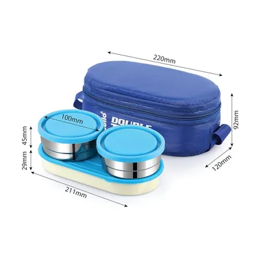 Cello Double Treat Lunch Box | Insulated Jacket | 3 Containers | 2 Stainless Steel 300 ml |1 Plastic | Blue thumbnail 1