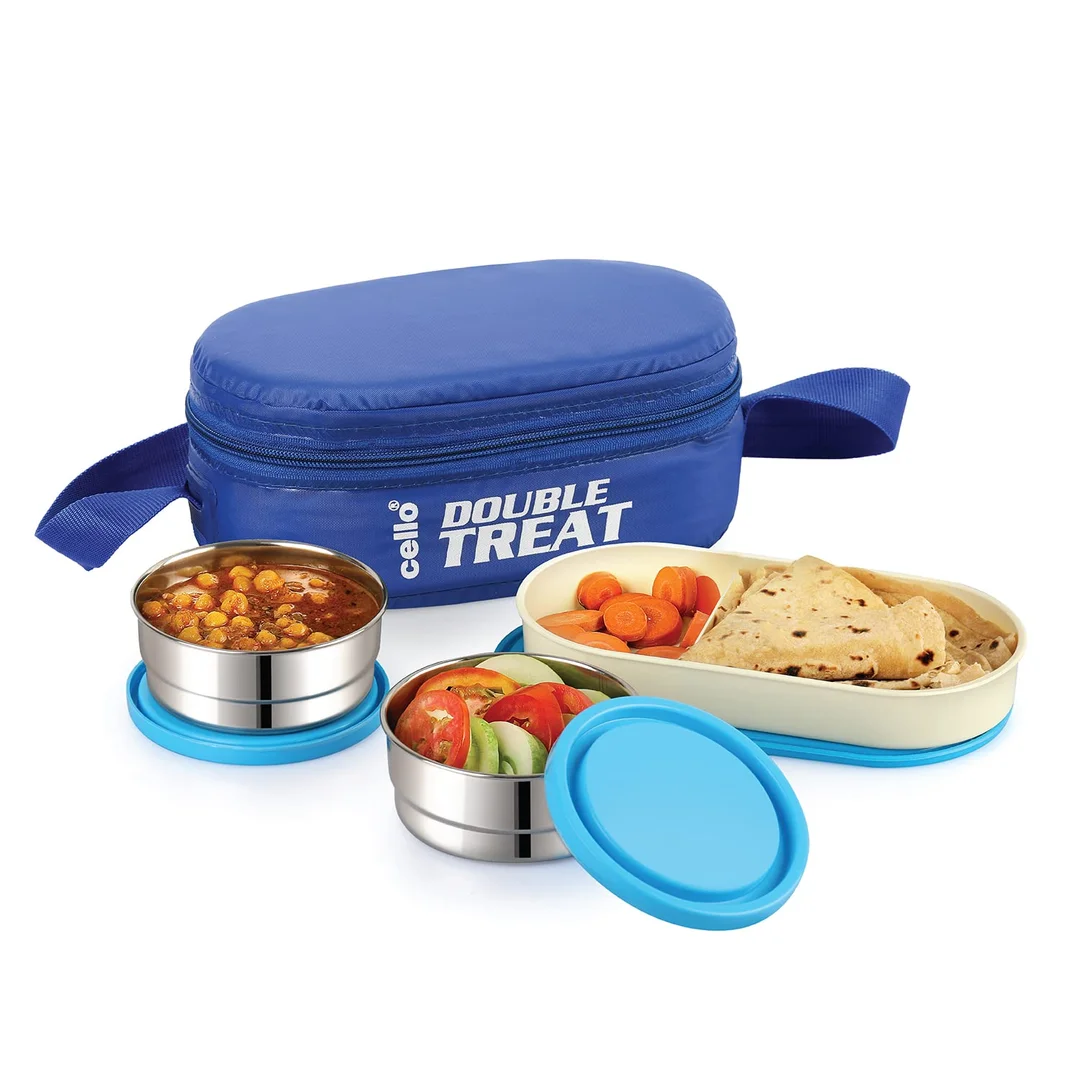 Cello Double Treat Lunch Box | Insulated Jacket | 3 Containers | 2 Stainless Steel 300 ml |1 Plastic | Blue image 3