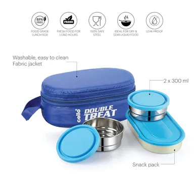 Cello Double Treat Lunch Box | Insulated Jacket | 3 Containers | 2 Stainless Steel 300 ml |1 Plastic | Blue thumbnail 3