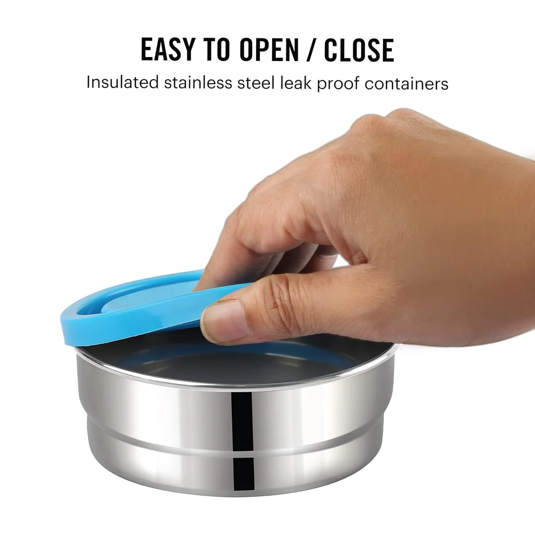 Cello Double Treat Lunch Box | Insulated Jacket | 3 Containers | 2 Stainless Steel 300 ml |1 Plastic | Blue image 5