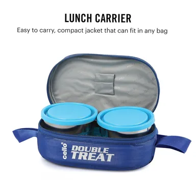Cello Double Treat Lunch Box | Insulated Jacket | 3 Containers | 2 Stainless Steel 300 ml |1 Plastic | Blue thumbnail 5