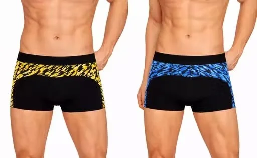 Mens Stretch Cotton Boxer Briefs Pack of 2 Black Trunks Yellow Blue Waistband Breathable Anti Chafing Soft Elastic Comfort Fit Innerwear for Gym Sports Daily Wear Underwear Men image 1