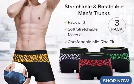 Mens Cotton Trunks Underwear Pack of 3 Stretchable Breathable Boxer Briefs Mid Rise Soft Elastic Waist Multi Colour Comfortable Innerwear for Daily Wear Gym Sports Men image 1
