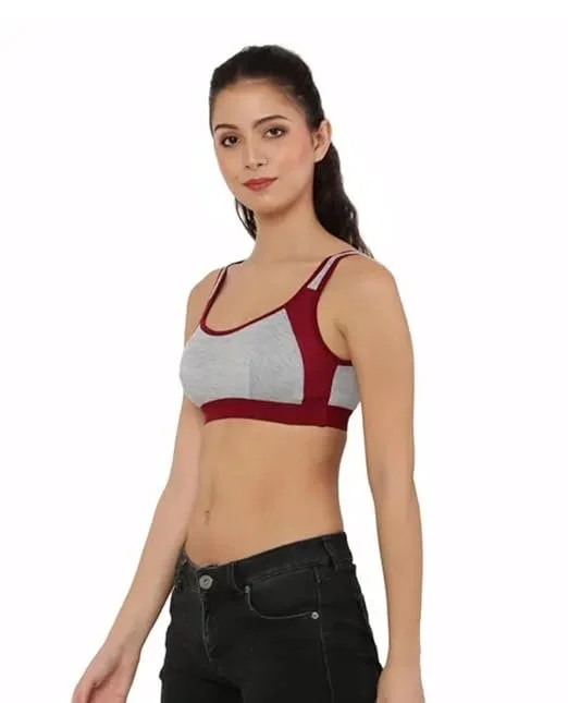Women Cotton Sports Bra Combo Pack of 3 Non Padded Wire Free Stretchable Full Coverage Gym Yoga Walking Workout Daily Wear Sports Bra Black Skin Maroon Women Cotton Sports Bra Combo Pack of 3 Non Padded Wire Free Stretchable Full Coverage Gym Yoga Walking image 3