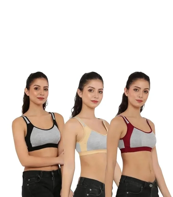 Women Cotton Sports Bra Combo Pack of 3 Non Padded Wire Free Stretchable Full Coverage Gym Yoga Walking Workout Daily Wear Sports Bra Black Skin Maroon Women Cotton Sports Bra Combo Pack of 3 Non Padded Wire Free Stretchable Full Coverage Gym Yoga Walking image 1