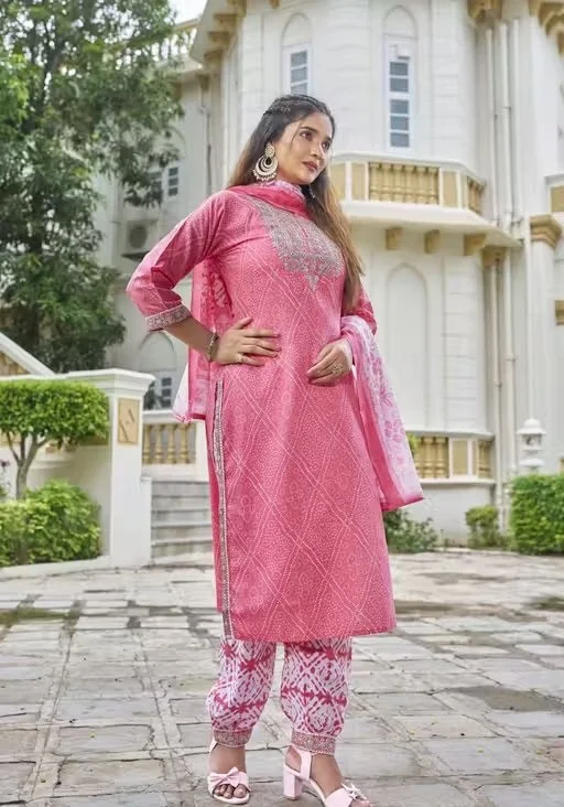 Pink Printed Cotton Blend Women Kurta Set with Dupatta and Pants Ethnic Straight Kurti Suit Festive Office Wear Daily Wear Traditional Indian Outfit Pink Printed Cotton Blend Women Kurta Set with Dupatta and Pants Ethnic Straight Kurti Suit Festive Office image 4