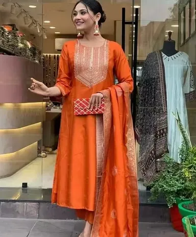 Orange Embroidered Women Kurta Set with Dupatta Cotton Blend Ethnic Straight Kurti Suit Festive Wear Office Wear Traditional Indian Outfit Daily Wear Salwar Suit Set for Women Orange Embroidered Women Kurta Set with Dupatta Cotton Blend Ethnic Straight Ku thumbnail 1