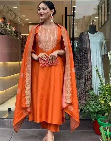 Orange Embroidered Women Kurta Set with Dupatta Cotton Blend Ethnic Straight Kurti Suit Festive Wear Office Wear Traditional Indian Outfit Daily Wear Salwar Suit Set for Women Orange Embroidered Women Kurta Set with Dupatta Cotton Blend Ethnic Straight Ku thumbnail 2