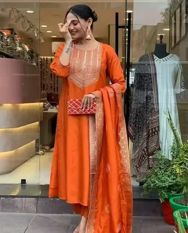 Orange Embroidered Women Kurta Set with Dupatta Cotton Blend Ethnic Straight Kurti Suit Festive Wear Office Wear Traditional Indian Outfit Daily Wear Salwar Suit Set for Women Orange Embroidered Women Kurta Set with Dupatta Cotton Blend Ethnic Straight Ku thumbnail 3