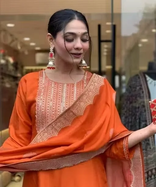 Orange Embroidered Women Kurta Set with Dupatta Cotton Blend Ethnic Straight Kurti Suit Festive Wear Office Wear Traditional Indian Outfit Daily Wear Salwar Suit Set for Women Orange Embroidered Women Kurta Set with Dupatta Cotton Blend Ethnic Straight Ku image 1