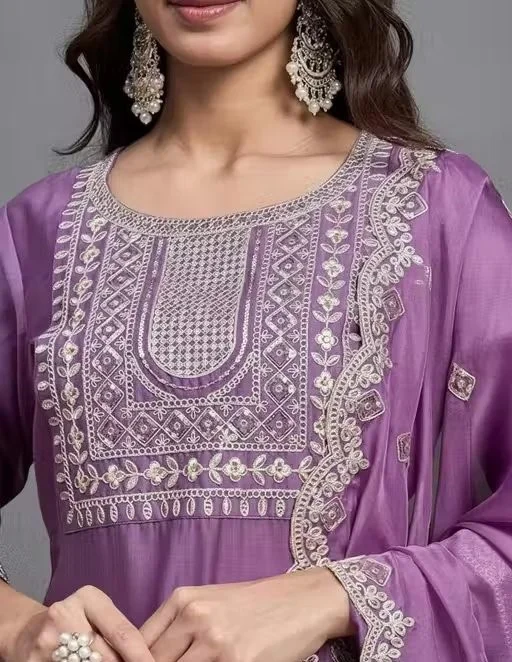 Purple Embroidered Women Kurta Set with Dupatta Straight Kurti Suit Ethnic Wear Cotton Blend Festive Party Office Wear Designer Salwar Set for Women India Purple Embroidered Women Kurta Set with Dupatta Straight Kurti Suit Ethnic Wear Cotton Blend Festive image 3
