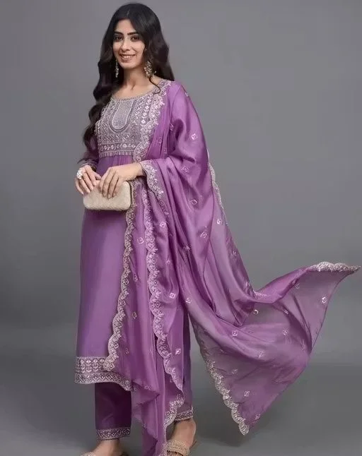 Purple Embroidered Women Kurta Set with Dupatta Straight Kurti Suit Ethnic Wear Cotton Blend Festive Party Office Wear Designer Salwar Set for Women India Purple Embroidered Women Kurta Set with Dupatta Straight Kurti Suit Ethnic Wear Cotton Blend Festive image 1