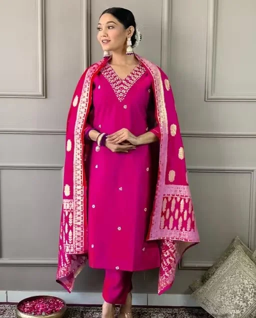 Pink Embroidered Women Kurta Set with Dupatta Ethnic Straight Kurti Pant Suit Festive Wear Office Wear Cotton Blend Traditional Indian Salwar Suit for Women Pink Embroidered Women Kurta Set with Dupatta Ethnic Straight Kurti Pant Suit Festive Wear Office image 1