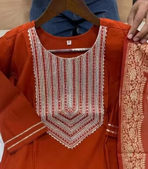 Rust Orange Cotton Kurta Pant Dupatta Set for Women with Embroidered Neck Design and Jacquard Banarasi Style Dupatta Ethnic Festive Wear Suit Set India Daily Wear Straight Kurti Set Rust Orange Cotton Kurta Pant Dupatta Set for Women with Embroidered Neck image 2