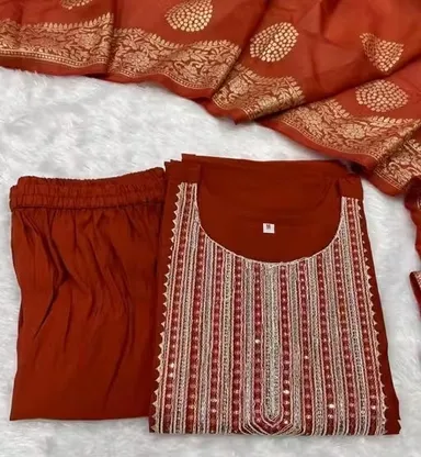 Rust Orange Cotton Kurta Pant Dupatta Set for Women with Embroidered Neck Design and Jacquard Banarasi Style Dupatta Ethnic Festive Wear Suit Set India Daily Wear Straight Kurti Set Rust Orange Cotton Kurta Pant Dupatta Set for Women with Embroidered Neck thumbnail 2