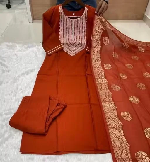Rust Orange Cotton Kurta Pant Dupatta Set for Women with Embroidered Neck Design and Jacquard Banarasi Style Dupatta Ethnic Festive Wear Suit Set India Daily Wear Straight Kurti Set Rust Orange Cotton Kurta Pant Dupatta Set for Women with Embroidered Neck image 4