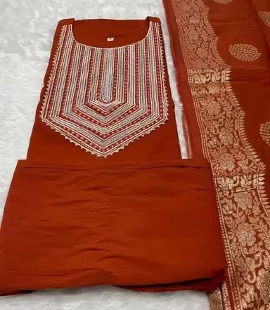 Rust Orange Cotton Kurta Pant Dupatta Set for Women with Embroidered Neck Design and Jacquard Banarasi Style Dupatta Ethnic Festive Wear Suit Set India Daily Wear Straight Kurti Set Rust Orange Cotton Kurta Pant Dupatta Set for Women with Embroidered Neck thumbnail 0