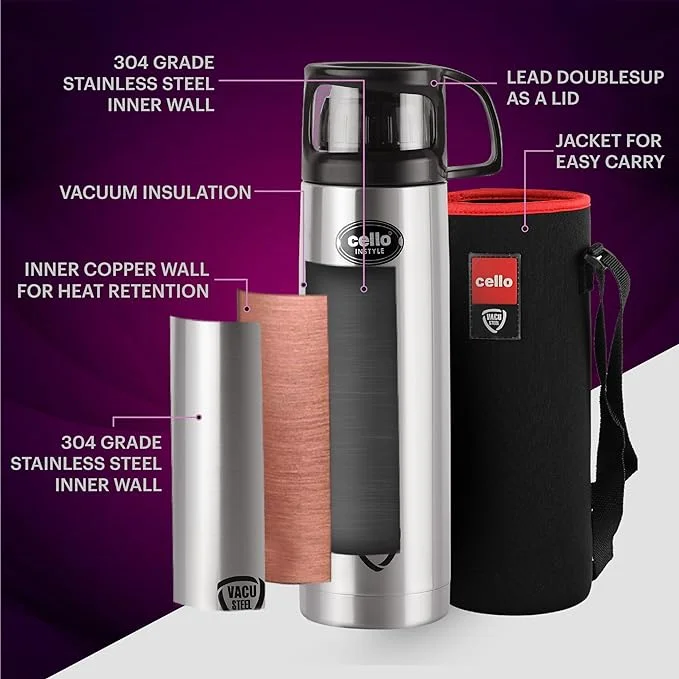 Cello Thermosteel 1000ml Vacuum Insulated Water Bottle with Jacket – Double Walled Stainless Steel Flask, ISI Certified, Hot & Cold 24H, Flip Lid, Silver image 3