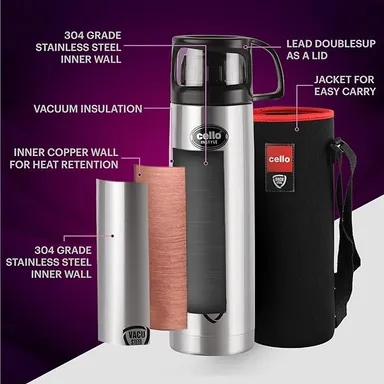 Cello Thermosteel 1000ml Vacuum Insulated Water Bottle with Jacket – Double Walled Stainless Steel Flask, ISI Certified, Hot & Cold 24H, Flip Lid, Silver thumbnail 2