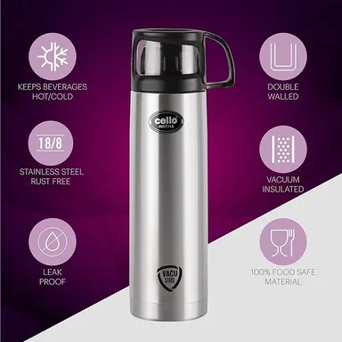 Cello Thermosteel 1000ml Vacuum Insulated Water Bottle with Jacket – Double Walled Stainless Steel Flask, ISI Certified, Hot & Cold 24H, Flip Lid, Silver thumbnail 1