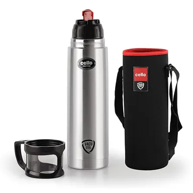 Cello Thermosteel 1000ml Vacuum Insulated Water Bottle with Jacket – Double Walled Stainless Steel Flask, ISI Certified, Hot & Cold 24H, Flip Lid, Silver thumbnail 0