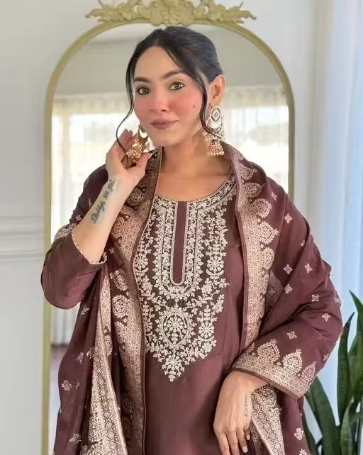 Brown Embroidered Women Kurta Set with Dupatta Ethnic Wear Designer Straight Kurti Suit Festive Office Wear Cotton Blend Traditional Indian Outfit Brown Embroidered Women Kurta Set with Dupatta Ethnic Wear Designer Straight Kurti Suit Festive Office Wear image 1