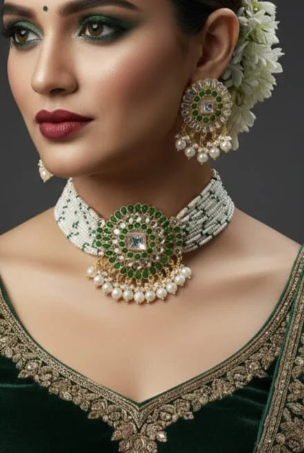 Green and White Pearl Choker Necklace with Matching Earrings Indian Ethnic Jewelry Set for Women Bridal Wedding Festive Party Wear image 1