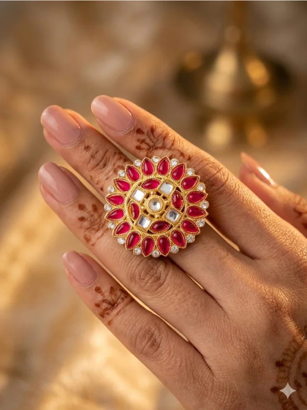 Maroon Kundan Statement Ring for Women Traditional Indian Jewellery Bridal Party Wear Adjustable Designer Fashion Ring image 1