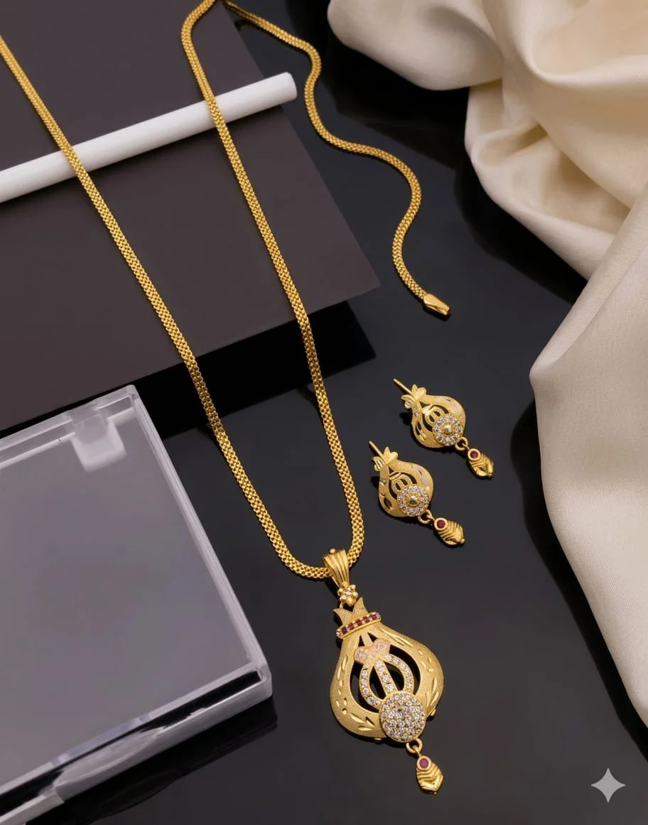 Gold Plated AD Pendant Chain Set with Earrings for Women American Diamond Jewellery Necklace Set Bridal Party Wear Fashion Jewellery image 1