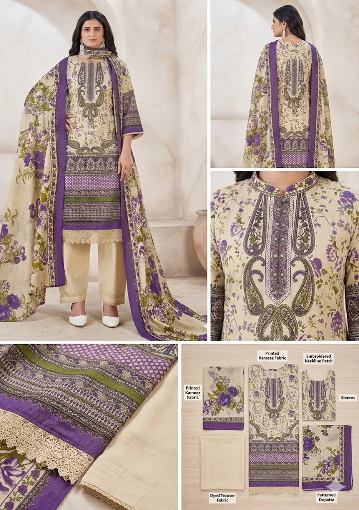 Women’s Cream & Purple Floral Printed Salwar Suit Set with Dupatta |Elegant Ethnic Straight Kurta Palazzo Set for Festive, Party & Daily Wear India Cream & Purple XXL image 2