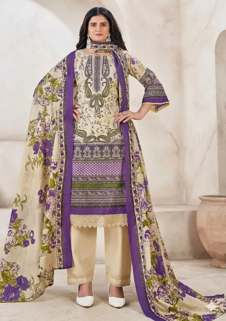 Women’s Cream & Purple Floral Printed Salwar Suit Set with Dupatta |Elegant Ethnic Straight Kurta Palazzo Set for Festive, Party & Daily Wear India Cream & Purple XXL image 1